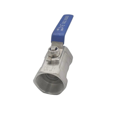 Rock Solid SS304 Stainless Steel Female BSP Ball Valve For Dang Tough Water Flow Control with blue handle angle view.