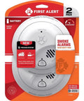 Two Pack Battery Powered Ionization Smoke Detectors With Quick Wall Mount Setup And Top Shelf Decade Safety Coverage To Keep Your Household Secure From Fast Ignition Risks in packaging.