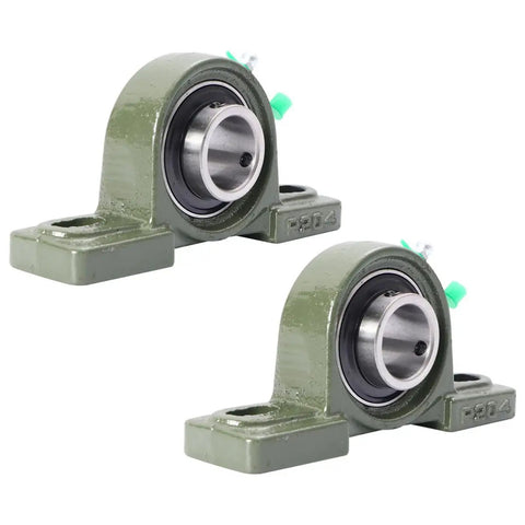 Heavy Duty Cast Iron Pillow Block Housing Bearing Pair With Double Bolt Anchor And Twin Rubber Seals Single Row Ball Design, green color.