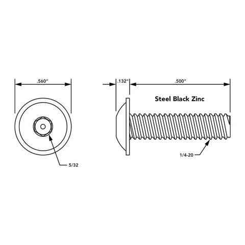 1/4 20 Flanged Button Head Socket Cap Screws Black Zinc Steel Heavy Duty Gang Pack For Smooth Aluminum Builds Rock Solid DIY Hardware Assortment 250 Pieces dimensions showing size and threading.