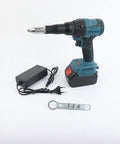 Professional Heavy Duty Cordless Rivet Gun With Ergonomic Handle For Hassle Free Rivnut Setup And Blind Fastening No Sweat Job Site Companion features battery and power supply.
