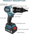 Heavy Duty 2 In 1 Cordless Rivet Nut Gun With Two 5200mAh Batteries showcasing features like LED lighting and anti-slip handle.