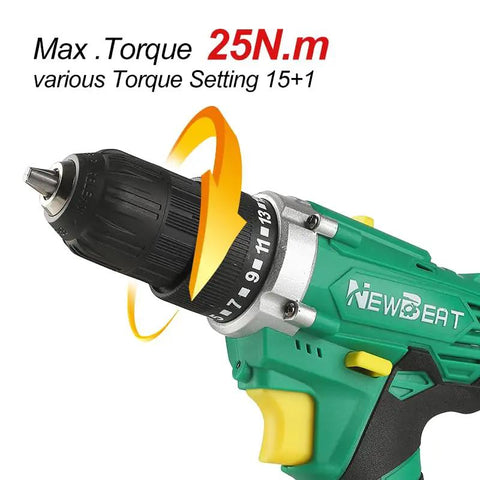 Rock Solid 12V Cordless Drill Set With Keyless Chuck And Two Speed Gearbox showing torque settings on drill chuck.