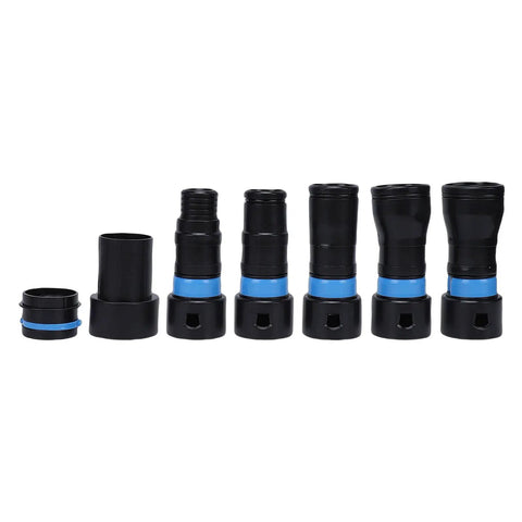 7Pcs Vacuum Hose Adapters Quick Connectors Dust Collection Expansion Kit for Power Tool Sanders in black with blue seals.