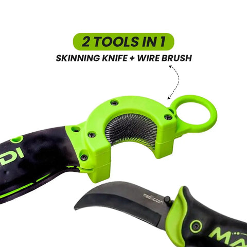 Close-up of BrushBlade Lineman Knife with cutting blade and built-in wire brush, green handle detail, for electricians and linemen