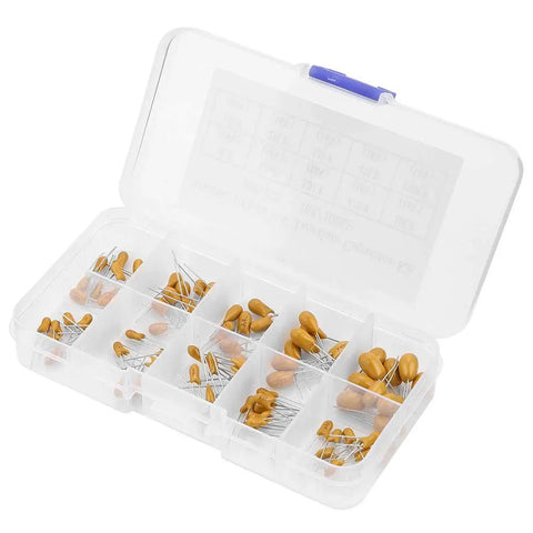 Badass Tantalum Capacitor Assortment Kit Featuring Ten Value Variations In A Nifty Labeled Storage Box with capacitors in organized compartments.
