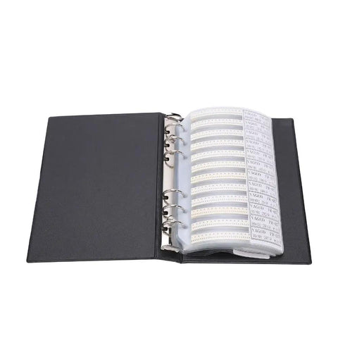 Top Tier 0402 Resistor Assortment Kit With 8500 Pieces And 170 Values Locked In A Labeled Sample Book, open view of organizer.