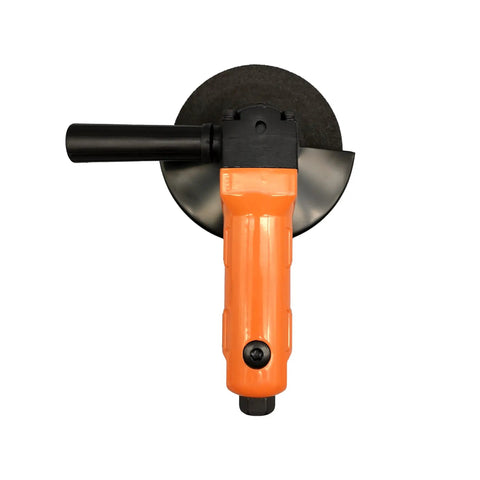 125 Mm Pneumatic Angle Grinder Polisher Sander With Turbo Trigger And Removable Canted Side Handle displaying an orange handle and black grinding pad.