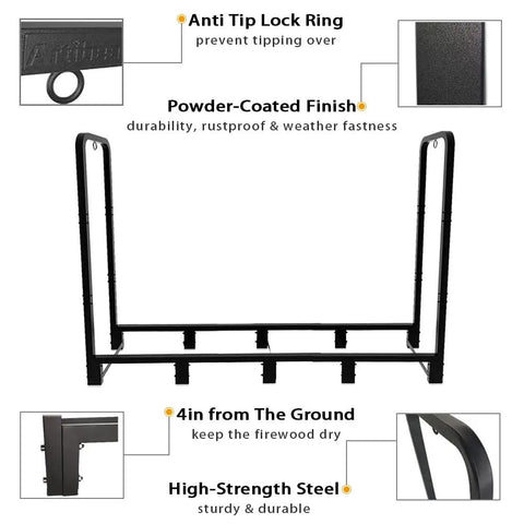 Diagram of 8ft Outdoor Firewood Rack With Heavy Duty Stand And Adjustable Length, highlighting features like anti-tip lock, powder-coated finish, and high-strength steel construction.