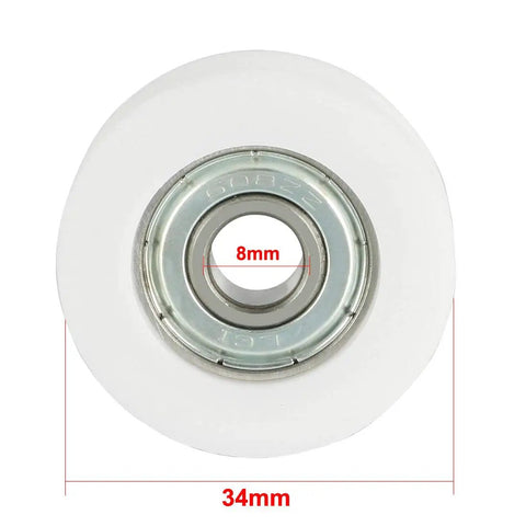 High Octane V Groove Linear Guide Bearing Pulley Built Tough With Steel And Nylon Slick Smooth Roll For Timing Belts 8MM Bore 34MM OD 11MM Thick 2 Piece Pack, close-up view.