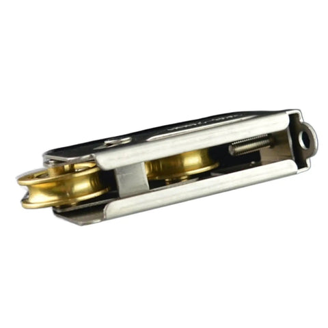 Heavy Duty Double Track Sliding Door Pulleys Featuring Stainless Steel And Copper Components Quiet Glide Cupboard And Pantry Hardware Set close-up of roller mechanism