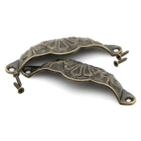 Prime Sleek Distressed Antique Brass Seashell Cabinet Pulls 8 Piece Set Embossed Furniture Cup Handles with screws