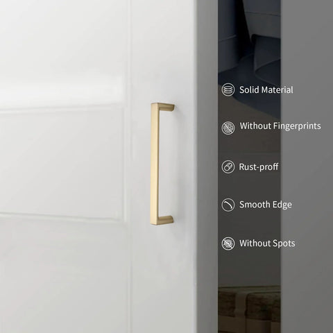 Brushed gold cabinet pull from 10 Pack 5 Inch Brushed Gold Cabinet Pulls Zinc Alloy Handles For Dresser Cupboard Wardrobe Drawer Hardware With 128mm Center To Center Fit Most Cabinets Durable Brushed Finish Easy To Install installed on white cupboard.