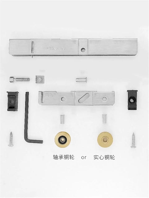 Premium Stainless Steel Sliding Door Rollers With Double Copper Wheels Slick Glide Window Pulley parts laid out on white background.