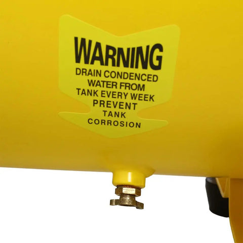 Warning label on 10 Gallon Oil Lubricated Air Compressor indicating tank maintenance to prevent corrosion.