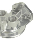 Boss Polished Aluminum Oil Filter Relocation Mount With Three Bolt Base Plate And Half Inch NPT Female Ports for custom car projects, showcasing dual inlet ports.