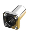 Heavy Duty Square Flange Linear Ball Bearing Delivering Slick Glide And Rock Solid Precision built with shiny steel and black flange.