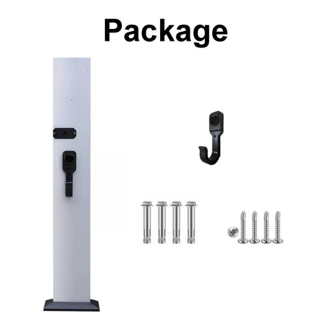 Heavy Duty Free Standing EV Charger Box Water Resistant Aluminum Alloy Cord Holder And Weather Proof Cover components including pole, hook, and screws.