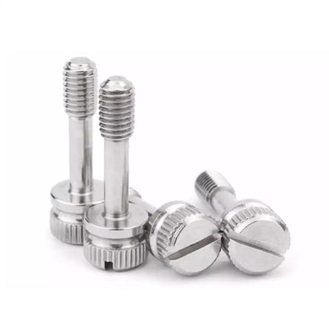 M6 X 10mm Stainless Steel Captive Panel Screws With Slotted Knurled Shoulders And Heavy Duty Clinch Design For Dead Nuts Tight Server And Workshop Rack Mounting Four Pack set showing smooth stainless steel finish.