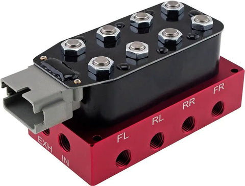 Built Tough 12V Air Suspension Manifold Kit With 8 Red Solenoid Valves And 7 Switch Wired Remote Kick It Down Control showing top view with solenoid ports