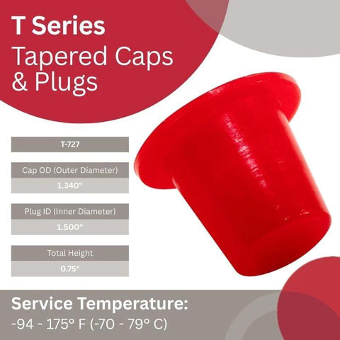 Red LDPE dust seal caps with tapered design, 1.340" OD and 1.500" ID, suitable for masking and equipment protection.