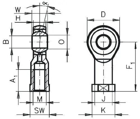 Battle Tested M18x1.5 Metric Rod End With Self Lubricating Spherical Bearing dimensions and design schematic for suspension use.