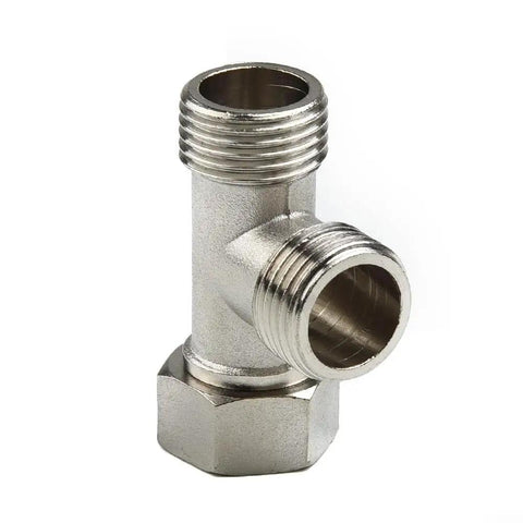 Heavy Duty Half Inch Brass T Adapter Valve Easy Peasy Bidet Sprayer And Shower Hose Splitter Diverter Fixture close-up view.
