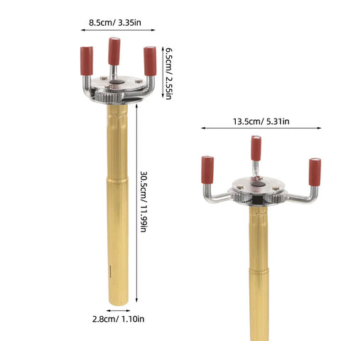 Professional Smoke Transducer Removal Tool With Extended Steel Rod And Secure Jaw Grip To Kick The Hassle Out Of Ceiling Fire Sensor Swaps In Schools And Commercial Buildings, showcasing metallic claw with red grips.