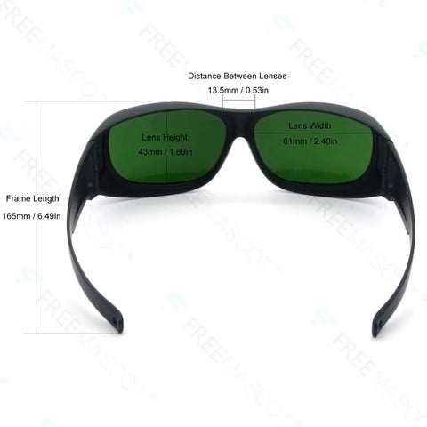 Kick Your Tanning Routine Up A Notch With These Broad Spectrum Laser Safety Glasses Featuring Green Lenses To Shield Your Peepers From Uv And Infrared Beams Ansi Certified, showing dimensions.