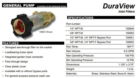 Real Deal Brass Inline Water Filter With Garden Hose Nut Inlet And Male Npt Outlet Heavy Duty High Flow Debris Shield for general pressure wash use.