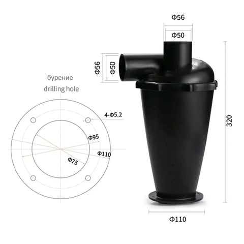 Cyclone Dust Separator Collector With Universal Flange For Vacuum Cleaners Keeps Dust And Tiny Debris From Packing Your Filter Easy Install Tight Seal Built For Home And Industrial Cleanup with dimensions and drill hole diagram.