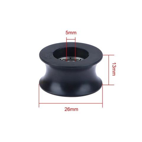 One Piece Heavy Duty Nylon Pom Pulley Wheel With Grippy Rubber Coating U Shaped Groove Track For Zero Friction Sliding Doors And Drawer Hardware Smooth Rolling Black Bearing Assembly, 26mm diameter.