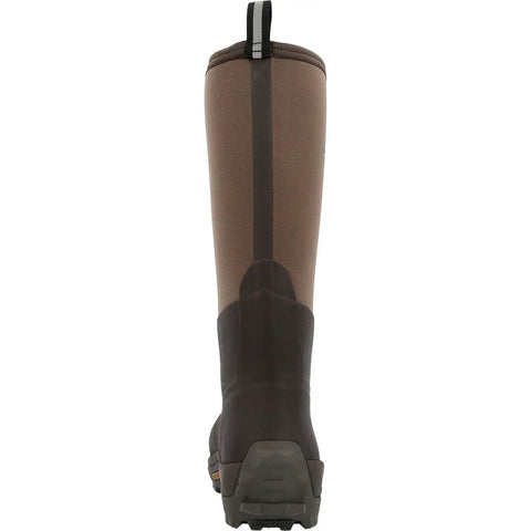 Men's Brown Rubber Wetland Boots With 5mm Neoprene And Calf High Design, rear view showcasing the sleek design and pull tab.