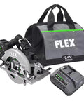 Hella Powerful 24V Cordless Circular Saw featuring brushless motor with charger and bag for woodcutting and construction.