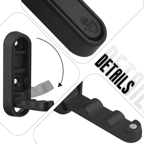 Close-up of Heavy Duty Foldable Wall Hooks 4 Pack Aluminum Alloy Rustproof Flip Up Mounts With Screws Black in action.