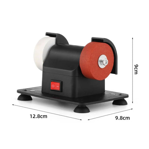 Slick Low Profile Bench Grinding Machine Hella Compact Tabletop Electric Grinder with two discs and red switch.