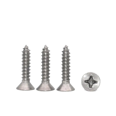 Top Shelf TA2 Pure Titanium Flat Head Countersunk Self Tapping Screws Pack Of Twenty ST5 X 12mm Phillips Drive showing three fasteners.