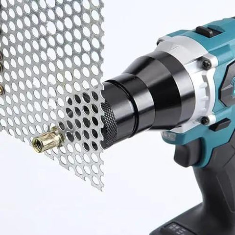 Dead Simple Cordless Electric Rivet Nut Gun Kit Featuring Automatic Push Button Operation For Rapid Hardware Assembly Including Dual Rechargeable Batteries And Pro Grade Workhorse Tool with metal sheet attachment.