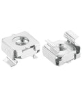 Tough As Nails M4 X 0.7mm Cage Nuts 50 Pack Snap Fit Carbon Steel Zinc Plated Metric Clamps For Server Cabinets close-up of two clamps.