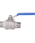 Heavy Hitter 3/4 Inch Ball Valve Built From 304 Stainless Steel With NPT Male Thread Ends and a blue lever for quick shutoff.