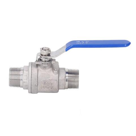Heavy Duty 304 Stainless Steel 3/4 Inch Ball Valve With Male Thread For Plumbing And Job Sites Featuring PTFE Seals and a blue handle.