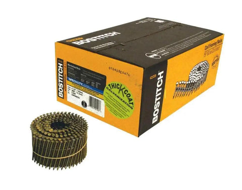Box and coil of Heavy Duty Siding Nails Wire Collated Coil Thickcoat Galvanized 15 Degree Ring Shank 2-1/2 Inch By.090 Inch 3600 Pack.