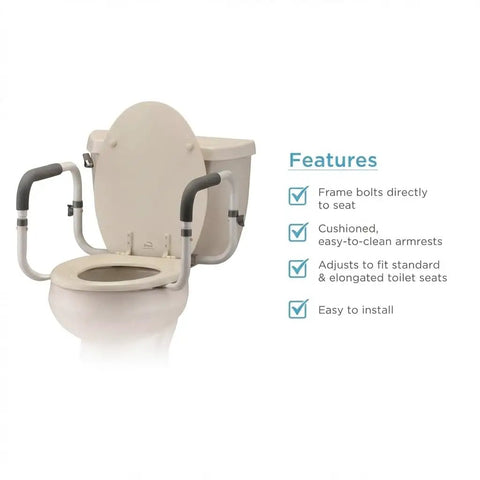 Built Tough Aluminum Toilet Safety Handle With Padded Adjustable Armrests For Seniors And Mobility Ease No Fuss Setup Stand Assist Rail on standard toilet.