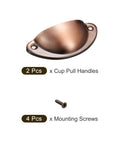Solid As A Rock Copper Finish Carbon Steel Cup Handles Two Pack For Kitchen Drawers Dressers And Cabinets Easy Peasy Install showing 2 cup pull handles and screws.