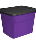 Top Shelf 18 Gallon Storage Totes With Lids, Stackable Plastic Bins For Heavy Duty Organizing, purple bin with snap-tight black lid.