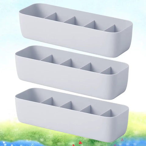 3 Piece Stackable Storage Box Set With Dividers For Bras And Leggings Multi Compartment Drawer Organizer Bin For Underwear Socks Plus Neck Ties showing three grey divided bins.