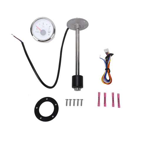 Heavy Duty Sus316 Stainless Steel Fuel Sending Unit Gauge Kit With Built Tough 240 To 33 Ohm Output and IP67 Deck Ready Sealing for Boats Trucks and RV Tanks, showing gauge, sender, wiring harness.