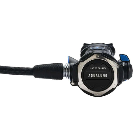 Leg3nd Dive Regulator With Auto Closure Device Protection, side view showing hose connection and branding on scuba regulator
