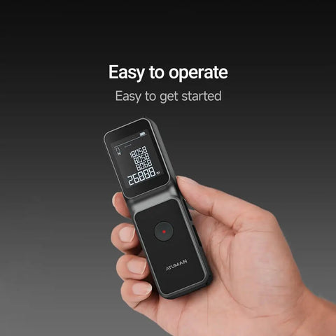 No Sweat Laser Distance Meter With Straight Up Plus Or Minus Two Millimeter Accuracy Up To 165 Feet And Eleven Smart Modes in hand.