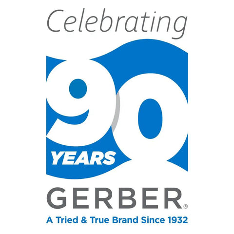 Gerber 90th anniversary logo with blue and white design, Celebrating 90 Years text.